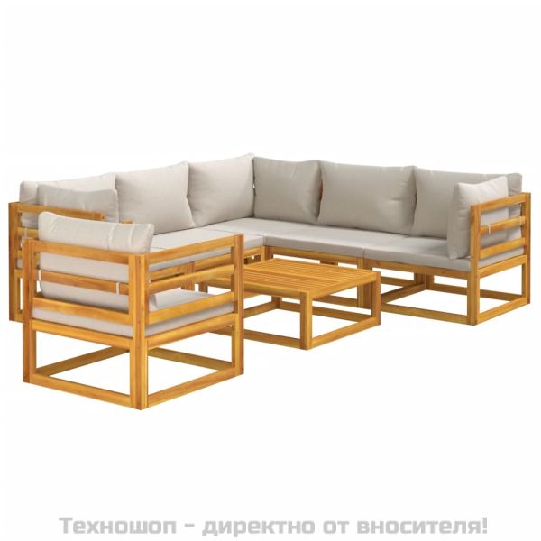 Градински комплект със светлосиви възглавници, 7 части, масив