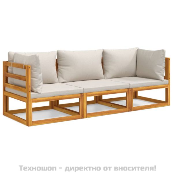 Градински комплект със светлосиви възглавници, 3 части, масив