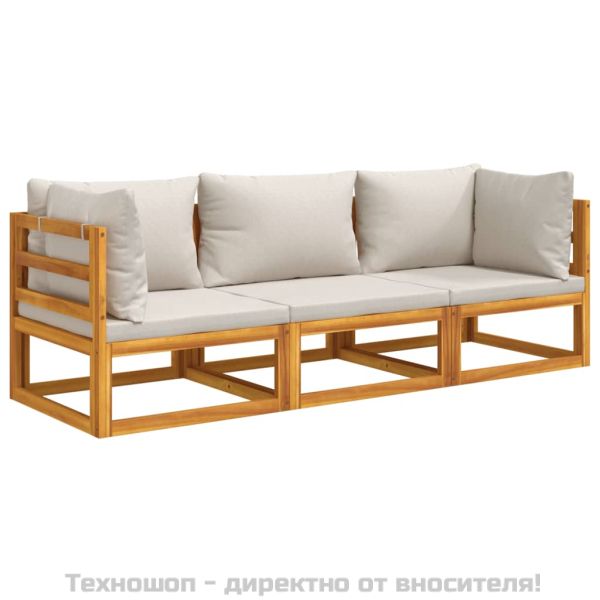 Градински комплект със светлосиви възглавници, 3 части, масив