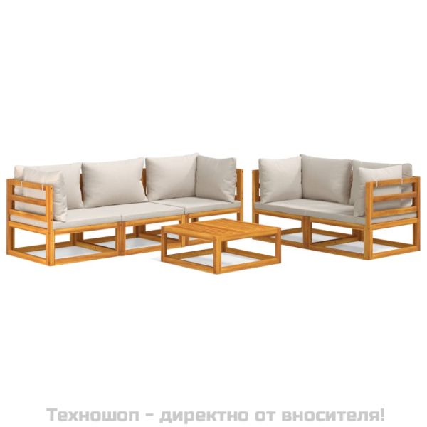 Градински комплект със светлосиви възглавници, 6 части, масив