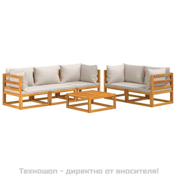 Градински комплект със светлосиви възглавници, 6 части, масив