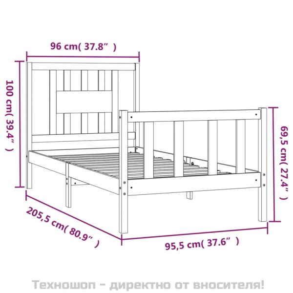 Рамка за легло с табла, бяла, борово дърво масив, 90x200 см