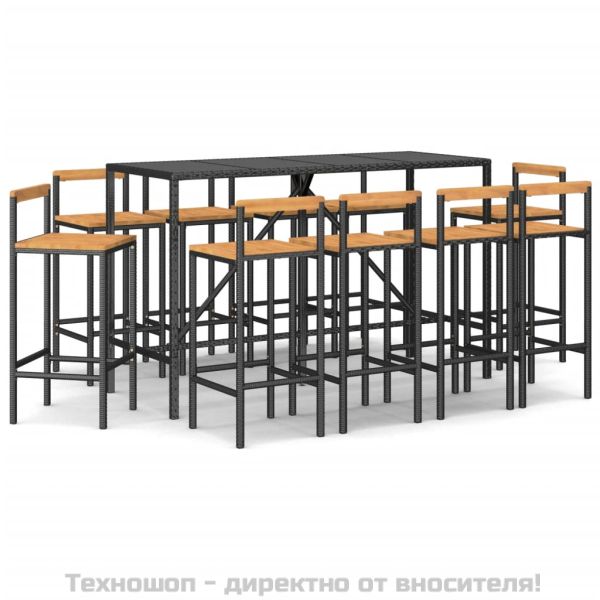 Градински бар комплект 11 части черен полиратан и акация масив