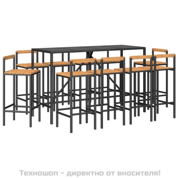 Градински бар комплект 11 части черен полиратан и акация масив