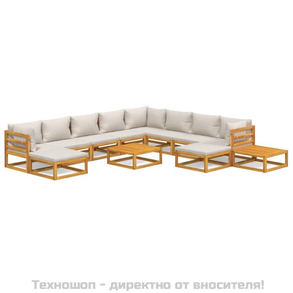 Градински комплект със светлосиви възглавници, 12 части, масив