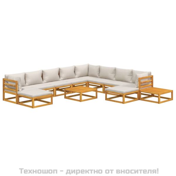 Градински комплект със светлосиви възглавници, 12 части, масив