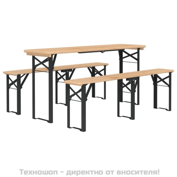 Комплект със сгъваема маса за бира от 3 части, масивна ела