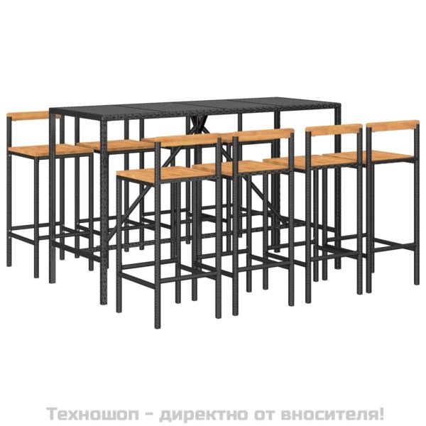 Градински бар комплект 9 части черен полиратан и акация масив