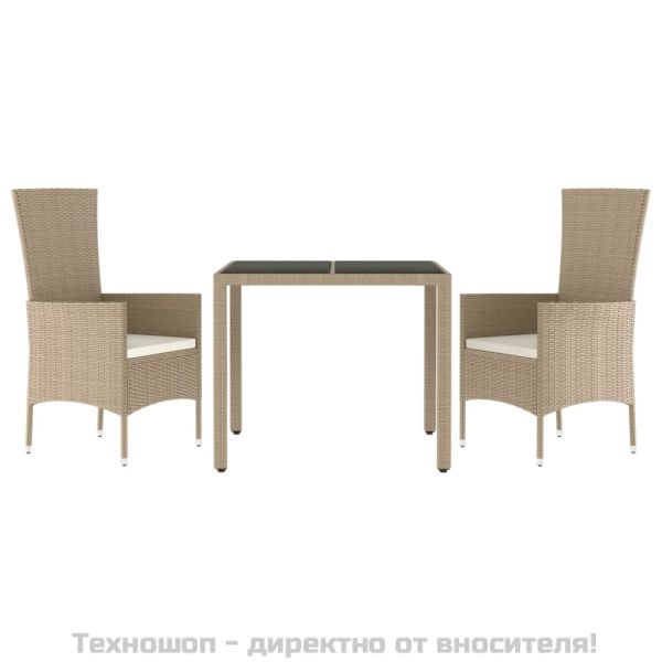 Градински комплект с възглавници, 3 части, бежов, полиратан