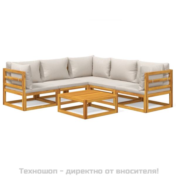 Градински комплект със светлосиви възглавници, 6 части, масив