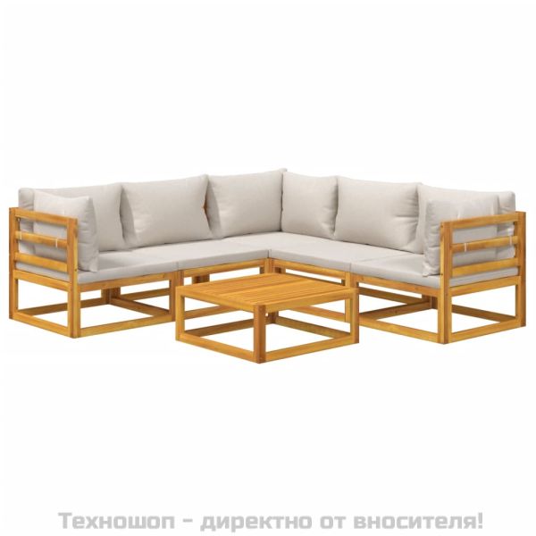 Градински комплект със светлосиви възглавници, 6 части, масив