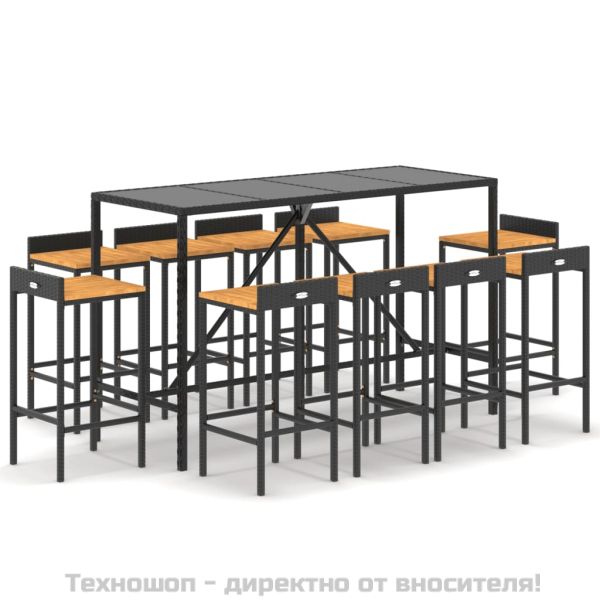 Градински бар комплект 11 части черен полиратан и акация масив