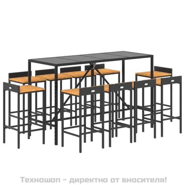 Градински бар комплект 11 части черен полиратан и акация масив