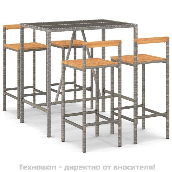 Градински бар комплект 5 части сив полиратан и акация масив