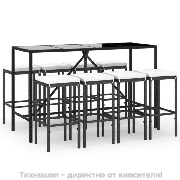 Градински бар комплект с възглавници 9 части черен полиратан
