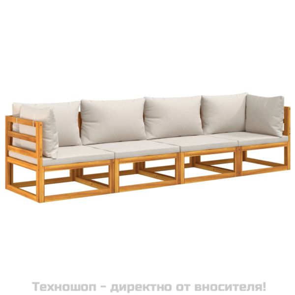 Градински комплект със светлосиви възглавници, 4 части, масив
