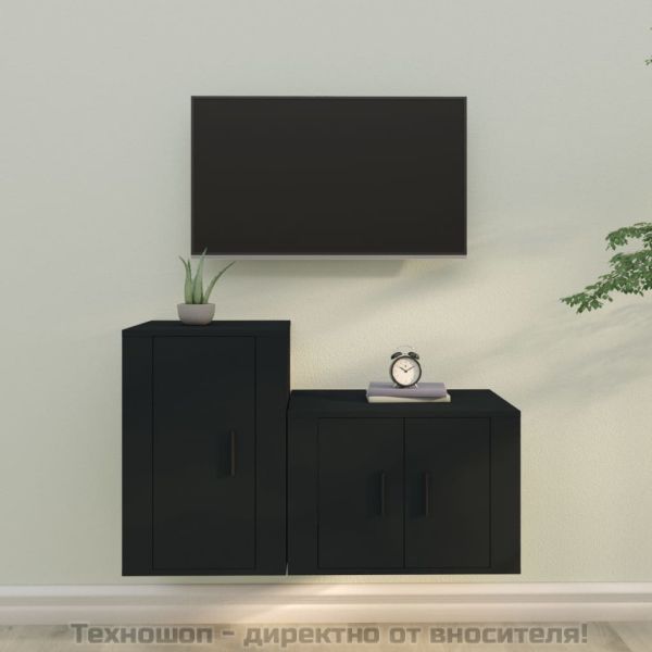 Комплект ТВ шкафове от 2 части, черно, инженерно дърво