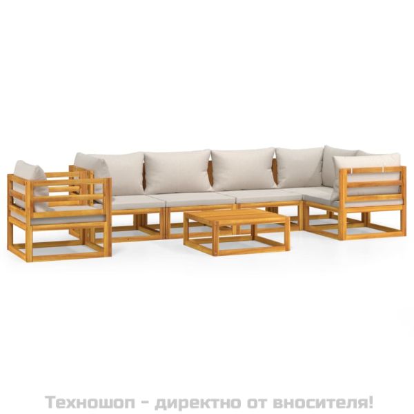 Градински комплект със светлосиви възглавници, 7 части, масив