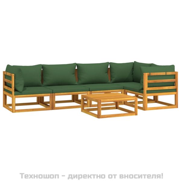 Градински комплект със зелени възглавници, 6 части, дърво масив
