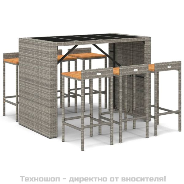 Градински бар комплект 7 части сив полиратан и акация масив