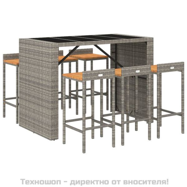 Градински бар комплект 7 части сив полиратан и акация масив