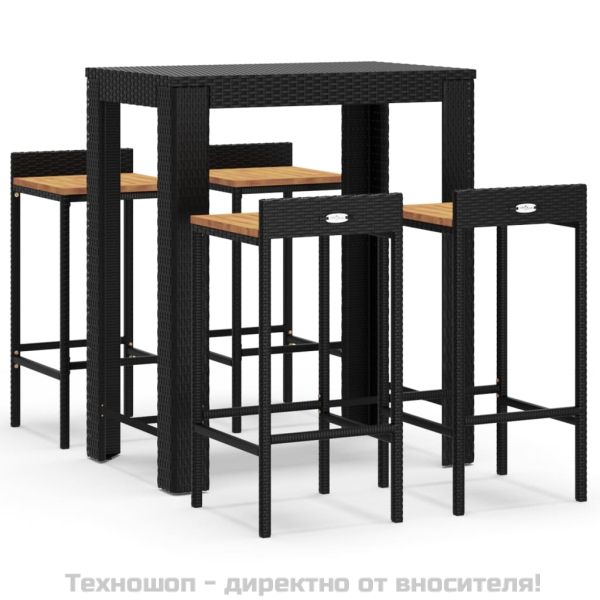 Градински бар комплект 5 части черен полиратан и акация масив