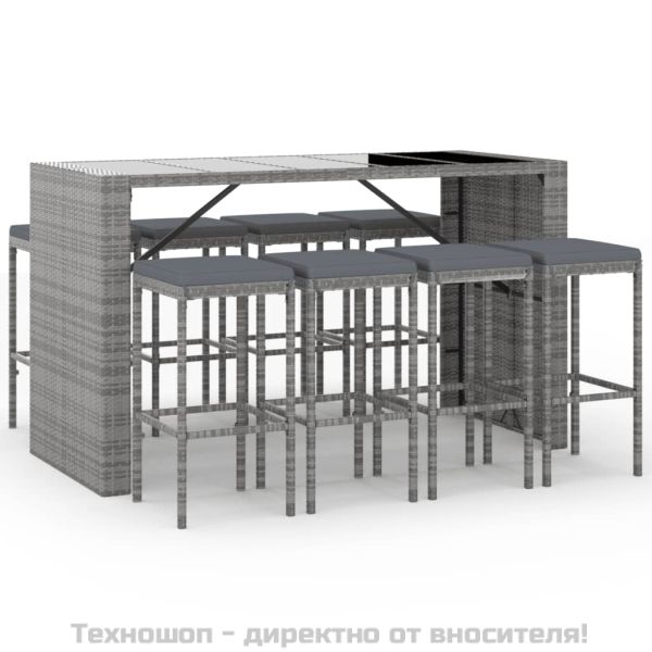 Градински бар комплект с възглавници 9 части сив полиратан