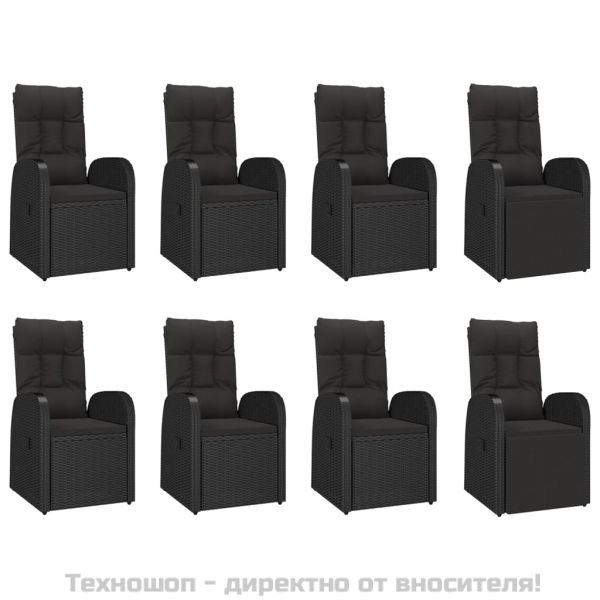 Градински трапезен комплект възглавници 9 части черен полиратан