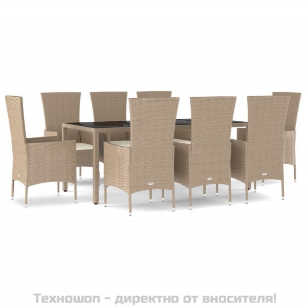 Градински комплект с възглавници, 9 части, бежов полиратан
