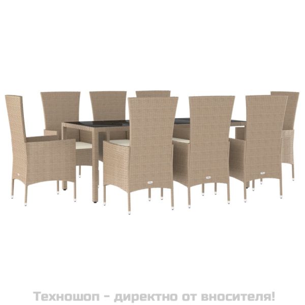 Градински комплект с възглавници, 9 части, бежов полиратан