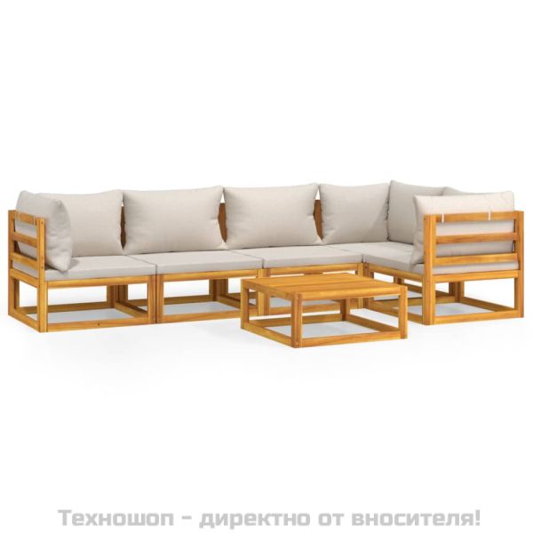 Градински комплект със светлосиви възглавници, 6 части, масив