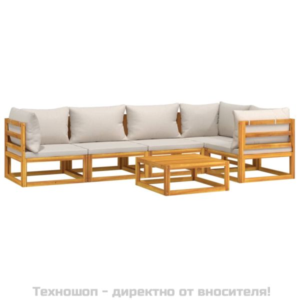 Градински комплект със светлосиви възглавници, 6 части, масив