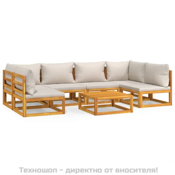 Градински комплект със светлосиви възглавници, 7 части, масив