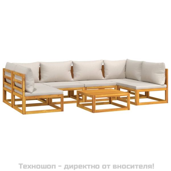 Градински комплект със светлосиви възглавници, 7 части, масив