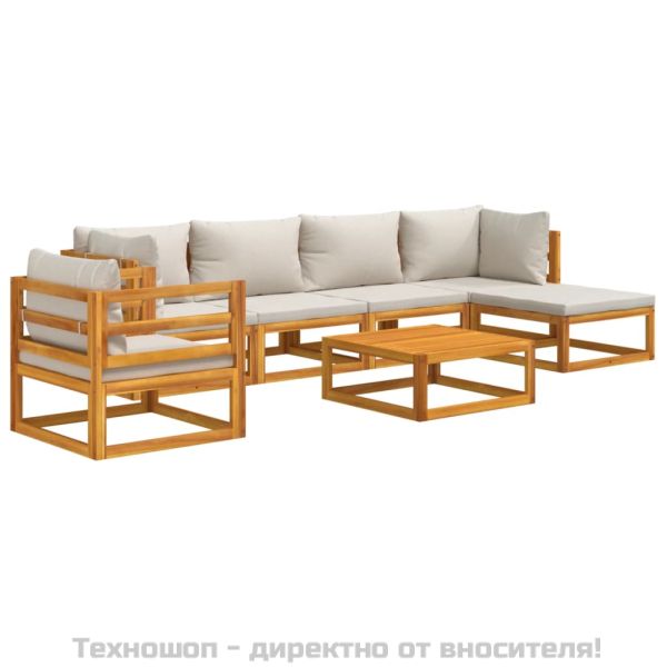 Градински комплект със светлосиви възглавници, 7 части, масив