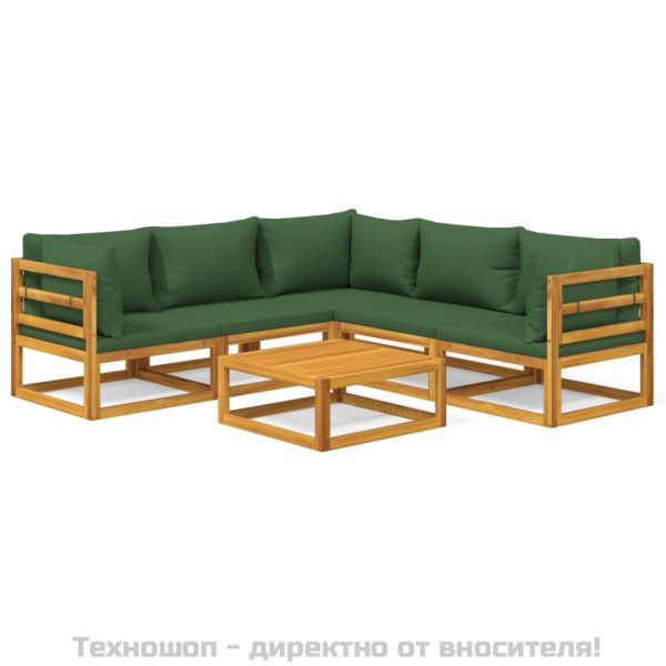 Градински комплект със зелени възглавници, 6 части, дърво масив
