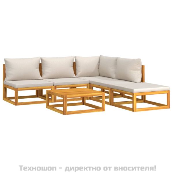 Градински комплект със светлосиви възглавници, 6 части, масив