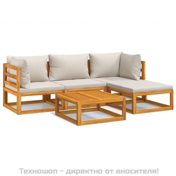 Градински комплект със светлосиви възглавници, 5 части, масив