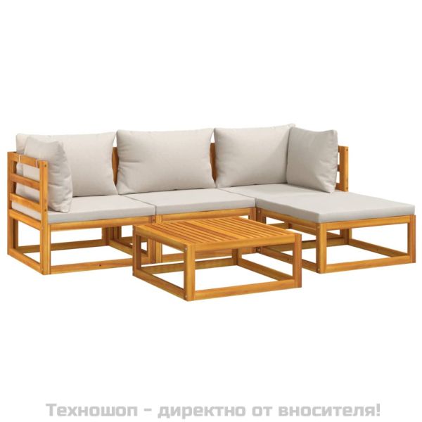 Градински комплект със светлосиви възглавници, 5 части, масив
