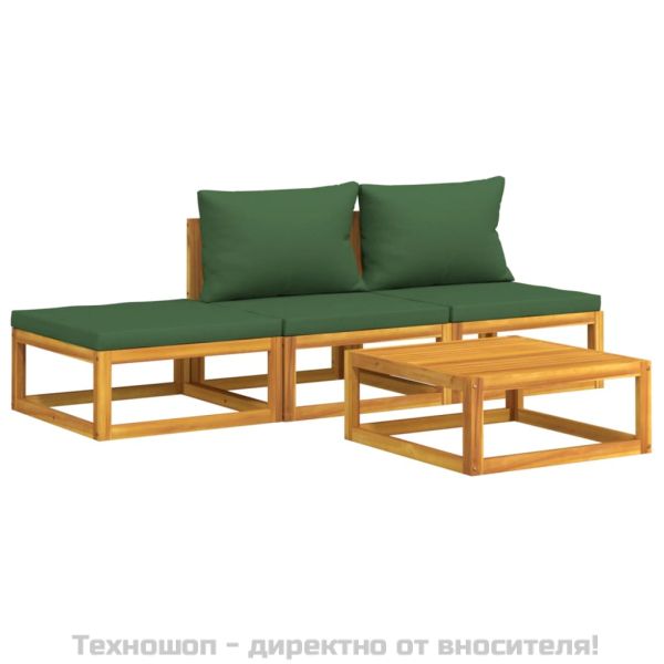 Градински комплект със зелени възглавници, 4 части, дърво масив