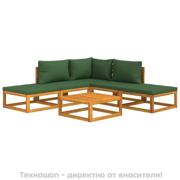 Градински комплект със зелени възглавници, 6 части, дърво масив