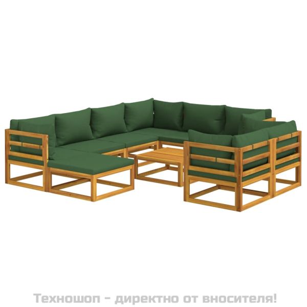 Градински комплект със зелени възглавници, 10части, дърво масив