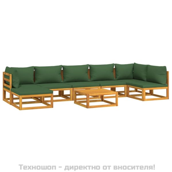 Градински комплект със зелени възглавници, 8 части, дърво масив