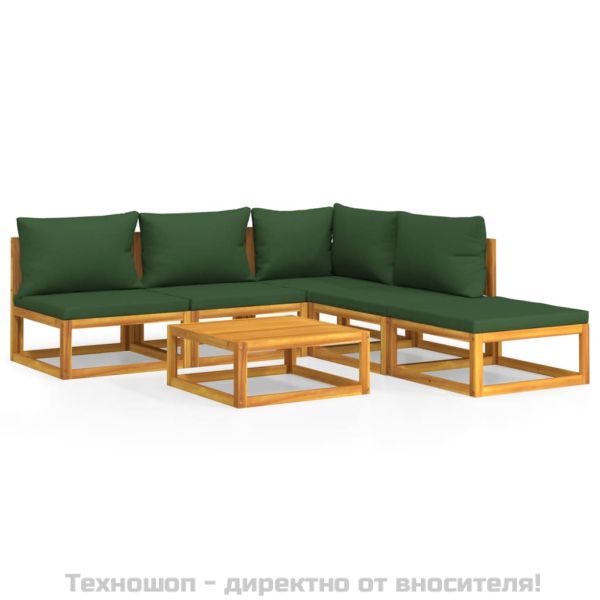 Градински комплект със зелени възглавници, 6 части, дърво масив