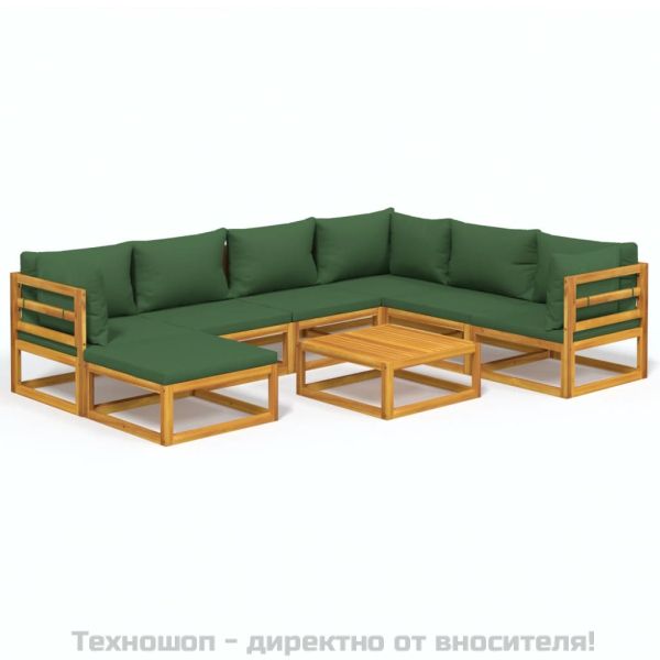 Градински комплект със зелени възглавници, 8 части, дърво масив