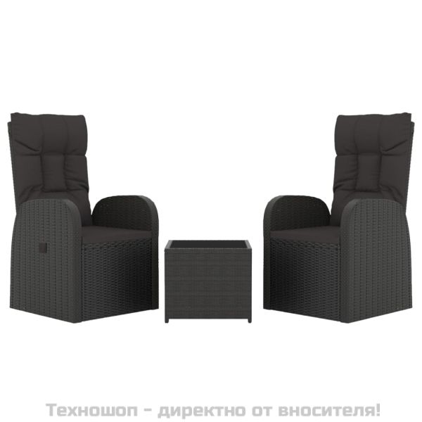 Градински лаундж комплект от 3 части черен полиратан и стомана