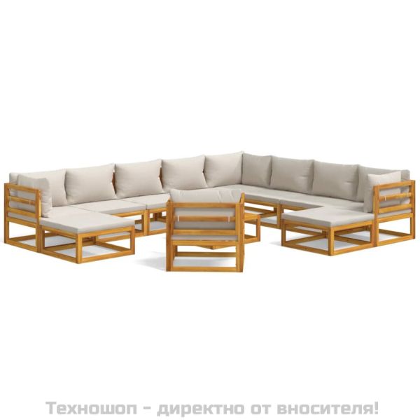 Градински комплект със светлосиви възглавници, 12 части, масив