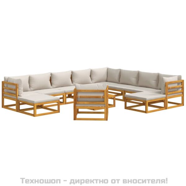 Градински комплект със светлосиви възглавници, 12 части, масив