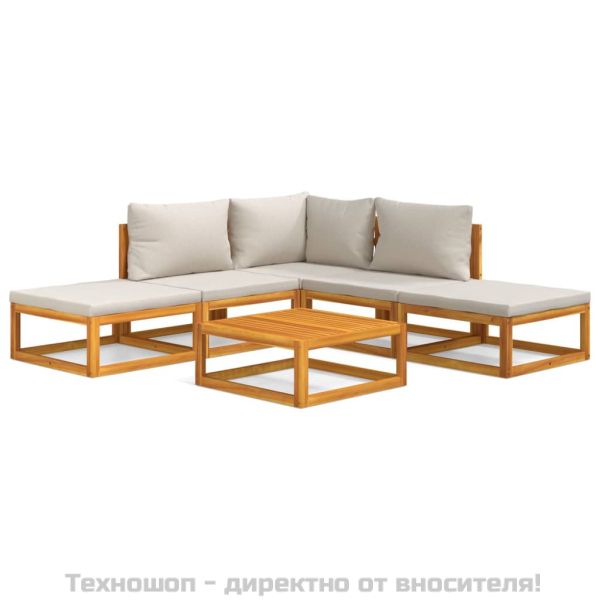 Градински комплект със светлосиви възглавници, 6 части, масив