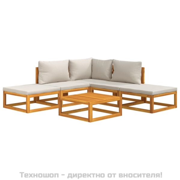 Градински комплект със светлосиви възглавници, 6 части, масив